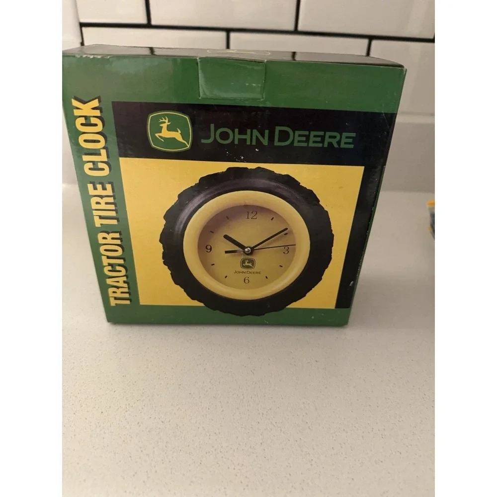 John Deere Tractor Tire Clock Desk or Wall Mount Rubber Analog Yellow Black New